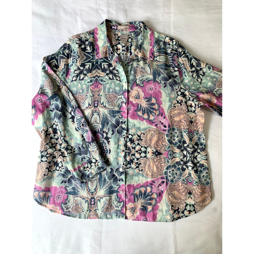 Chicos No-Iron Linen Floral Roll-Tab Shirt 3 (XL 16/18) NWOT Resort Pastel Top - Picture 13 of 16